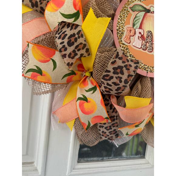 Handmade Peach Leopard Print Deco Mesh Wreath, Summer Front Door Hanger Decor - Picture 4 of 7